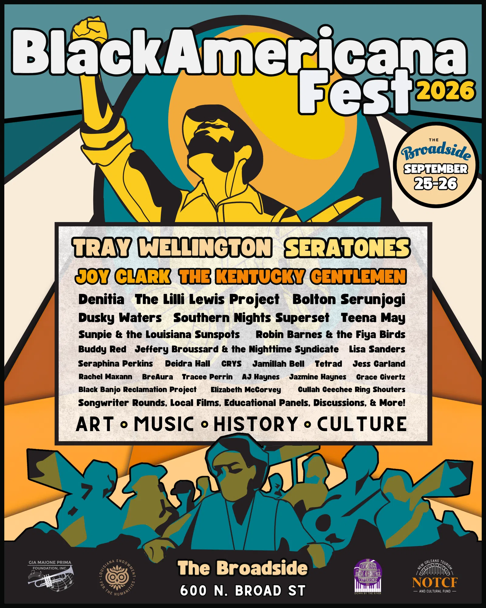 BlackAmericana Fest 2026 poster with musicians, event details, and a raised fist symbol celebrating art, music, history, and culture.