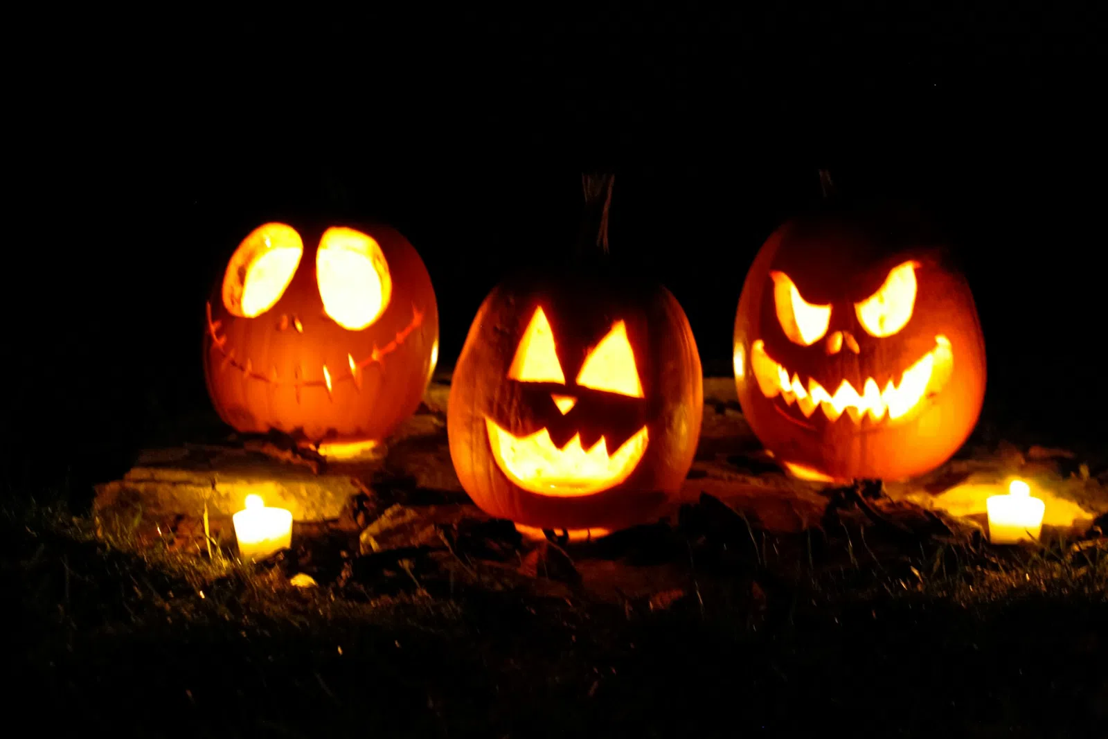 Three glowing Halloween jack-o'-lanterns with different carved faces illuminated by candles at night.