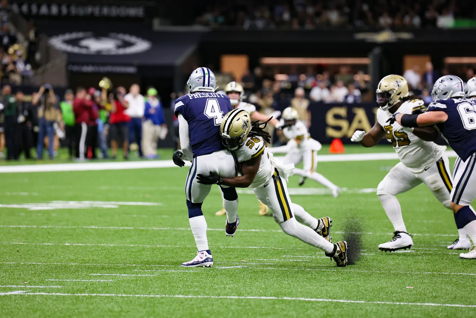 This view of Demario Davis taking the field 