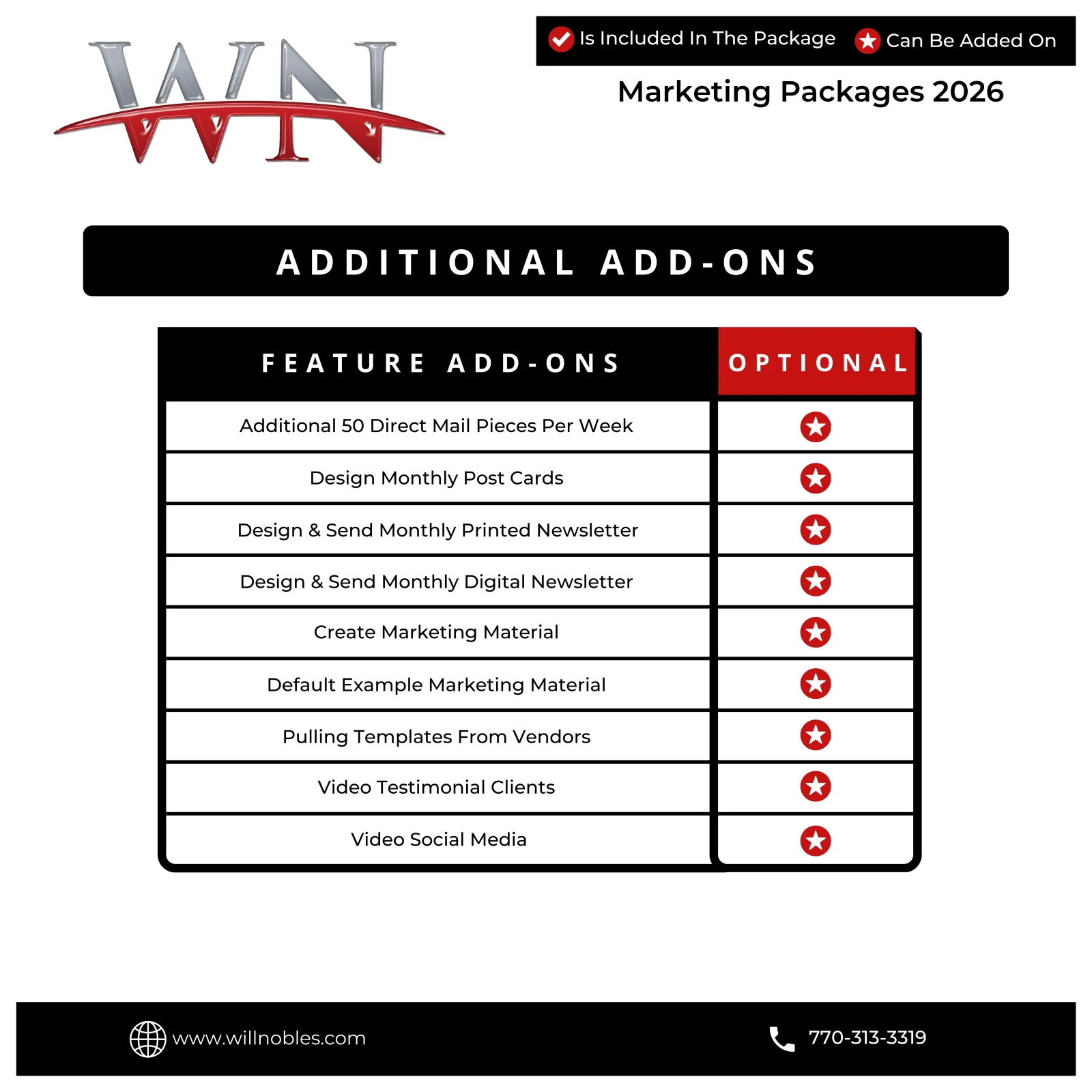 Marketing packages 2026 detailing optional additional add-ons like newsletters, postcards, and video social media services.