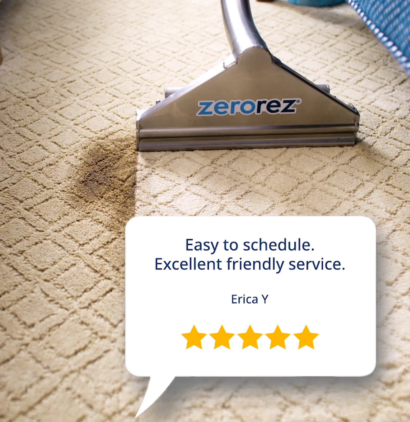Image of Zerorez carpet cleaning stripe with a 5 star review