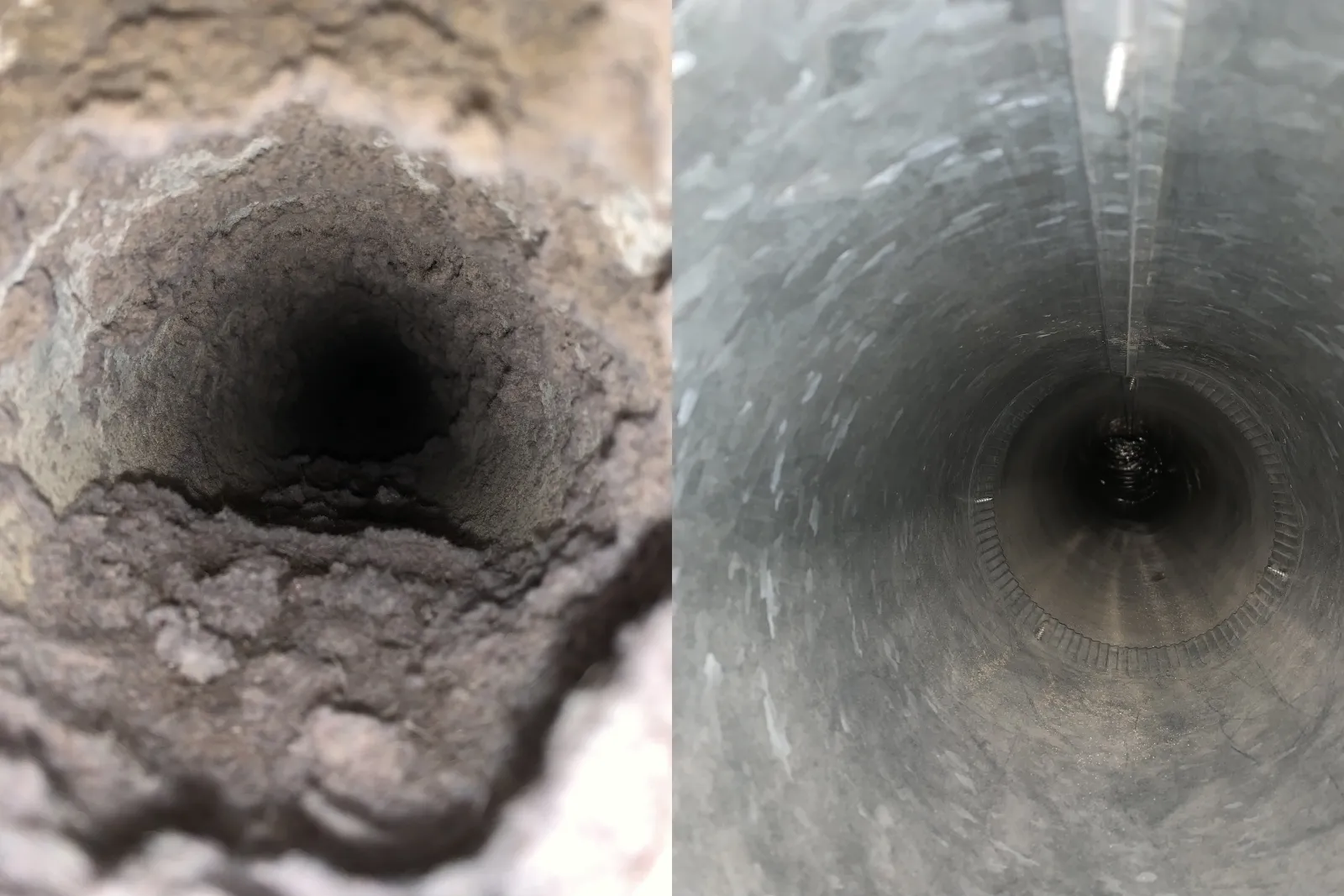 before and after of inside a dirty and clean air duct vent which previously smelled