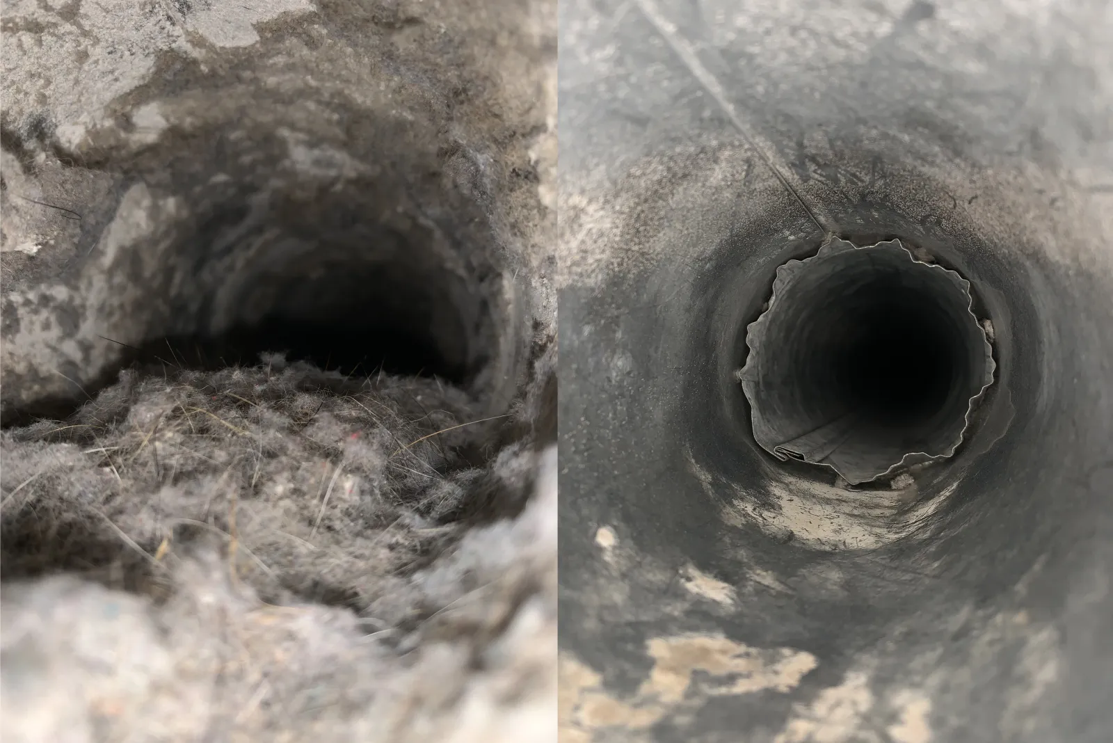 Before and After visual inside a residential dryer vent hose that was cleaned by Zerorez