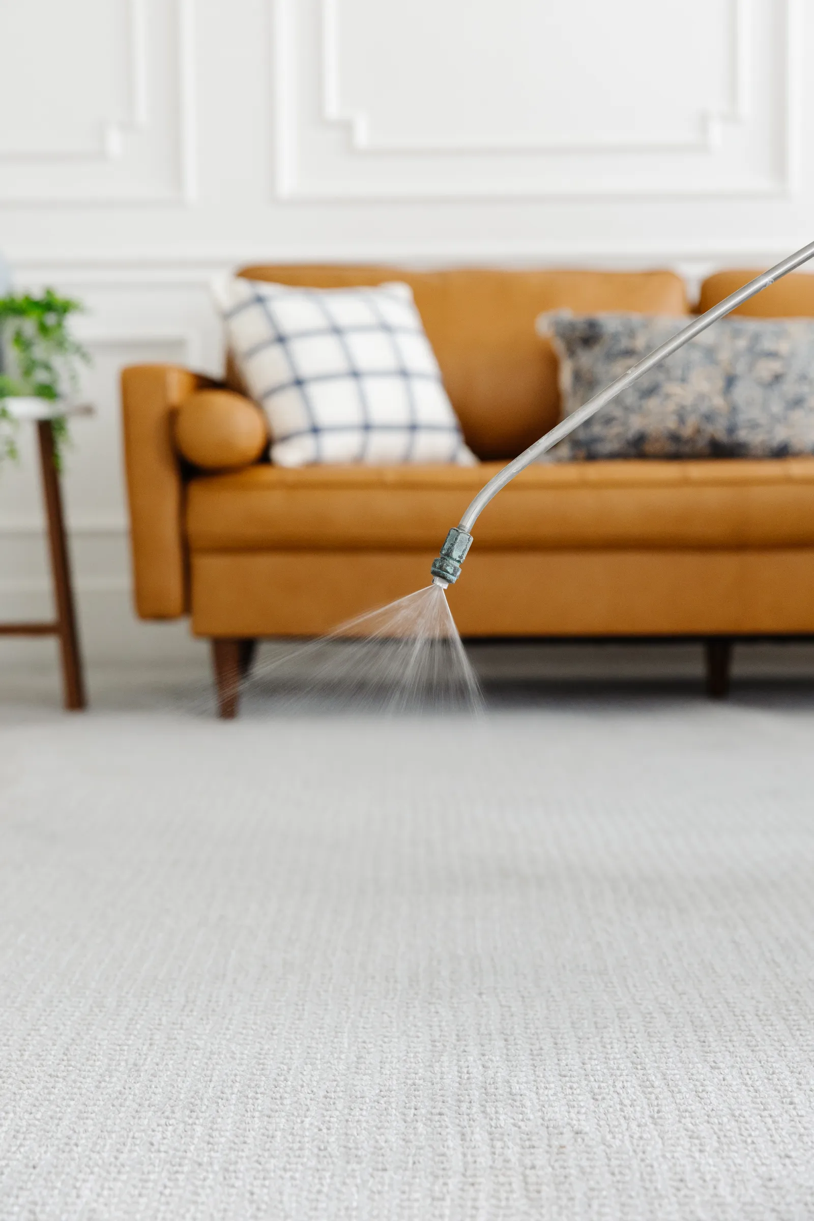 close up of the head of a sprayer shooting out premium carpet fiber protector onto a light gray textured carpet. 