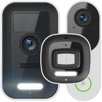 Three modern smart video doorbells with cameras, motion sensors, and illuminated doorbell buttons.
