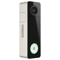 Modern video doorbell with camera and illuminated ring button, designed for home security and visitor alerts.