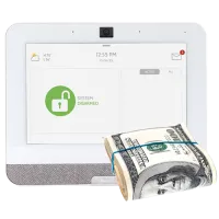 Smart home security system screen showing disarmed status with a bundle of hundred dollar bills.