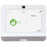 Home security panel displaying system disarmed status with time, weather, and notification icon