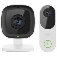 Wireless indoor security camera and video doorbell with black and white modern design on white background