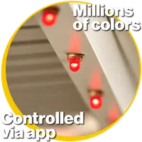 Close-up of red LED lights mounted on a white surface with text overlay about color control via app.