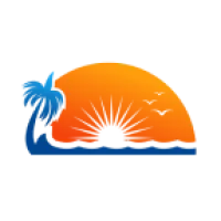 Orange sun setting behind a blue palm tree and horizon silhouette on a black background