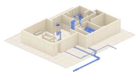 3D floor plan of a house showing interior layout and detailed blue plumbing system throughout the rooms.