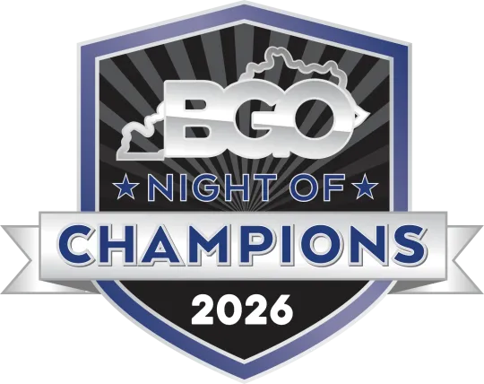 BGO Night of Champions 2026 logo with silver and blue shield, ribbon banner, and star accents.