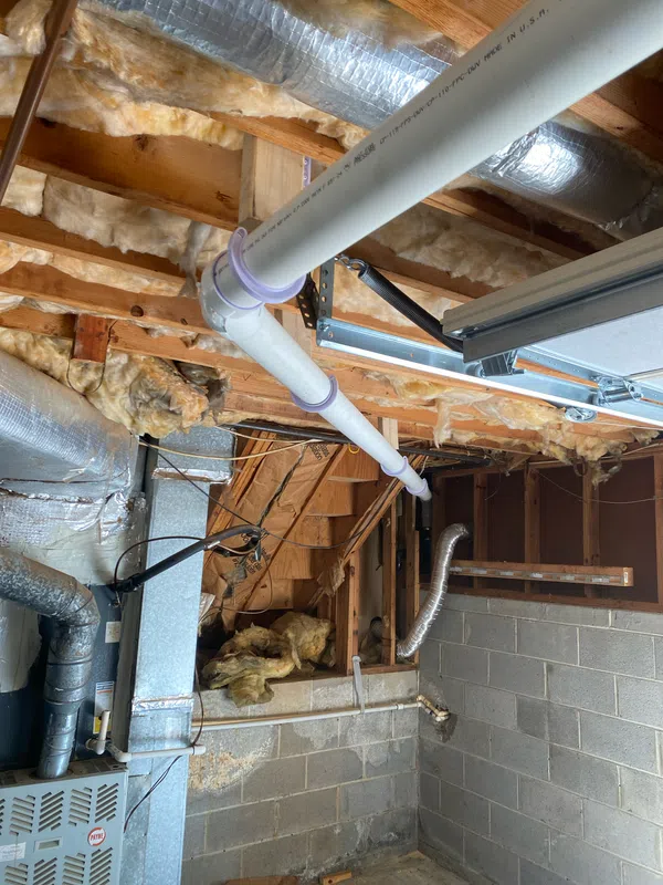 New kitchen drain line descending through the framing toward its termination point