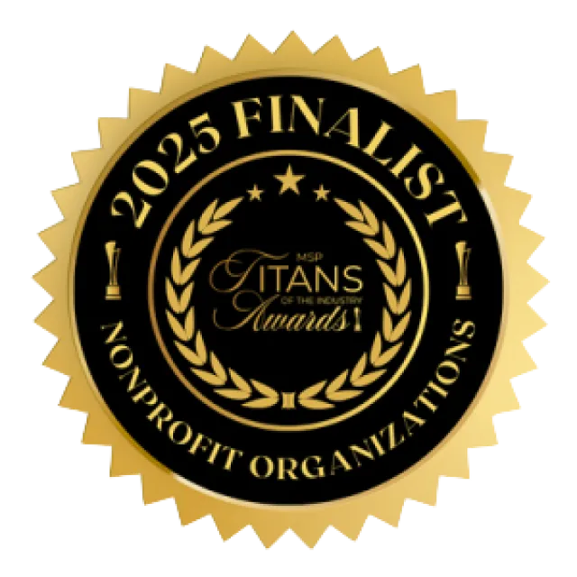 Gold and black seal with laurel, stars, and text 2025 Finalist Nonprofit Organizations Titans of the Industry Awards