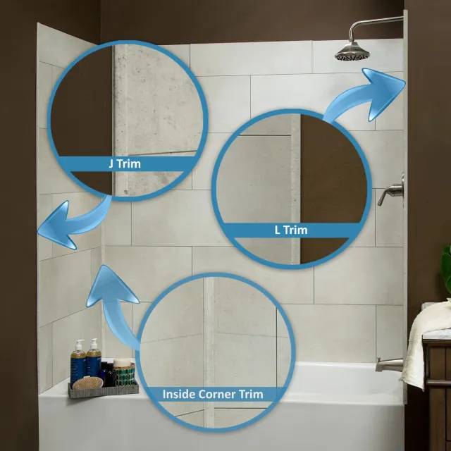 Bathroom shower area showcasing J Trim, L Trim, and Inside Corner Tile Trim on beige tiles.