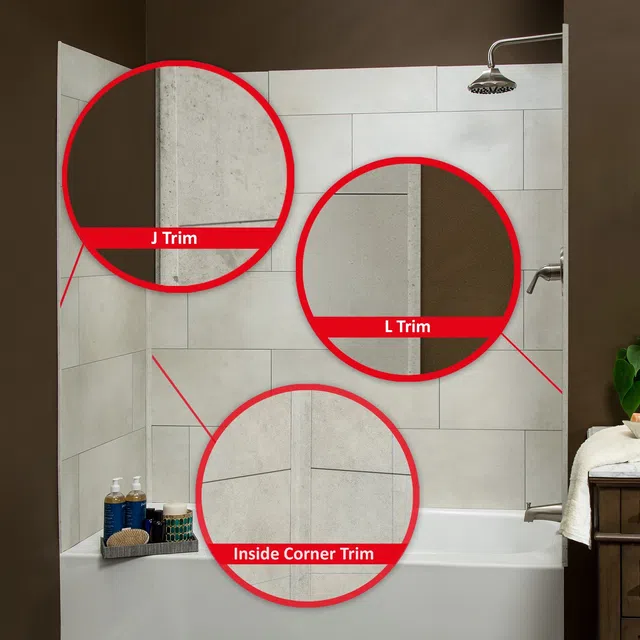 Bathroom tiled shower area highlighting J Trim, L Trim, and Inside Corner Trim for tile finishing.