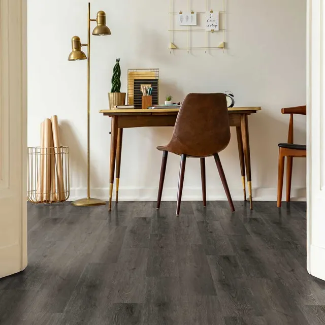 Modern home office with dark wood flooring, mid-century desk and chair, and gold floor lamp