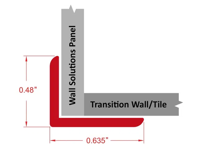 Diagram of a red L-shaped wall panel trim with 0.48 inch height and 0.635 inch width measurements.