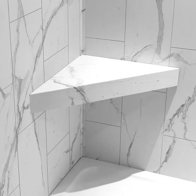 White marble corner shower bench with gray veining mounted on tiled wall in modern bathroom