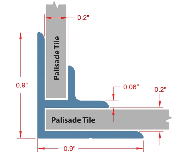 Diagram showing cross-section of Palisade Tile installation with 0.2 inch and 0.9 inch measurements in gray and blue.