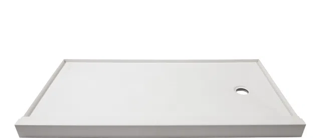 Rectangular white shower base tray with raised edges and a circular drain hole on one side.