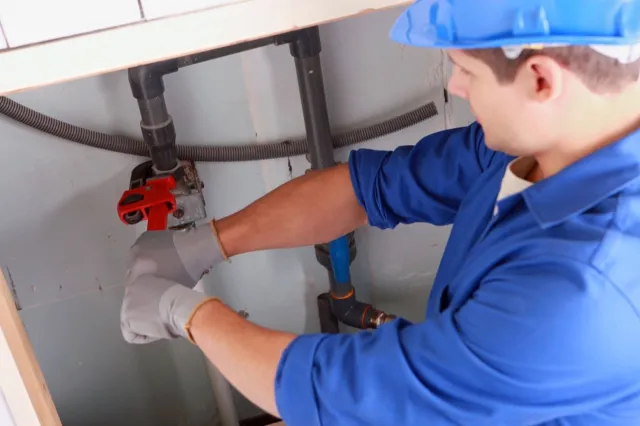 Plumber in blue uniform and hard hat repairing pipe under sink with red pipe wrench and gloves