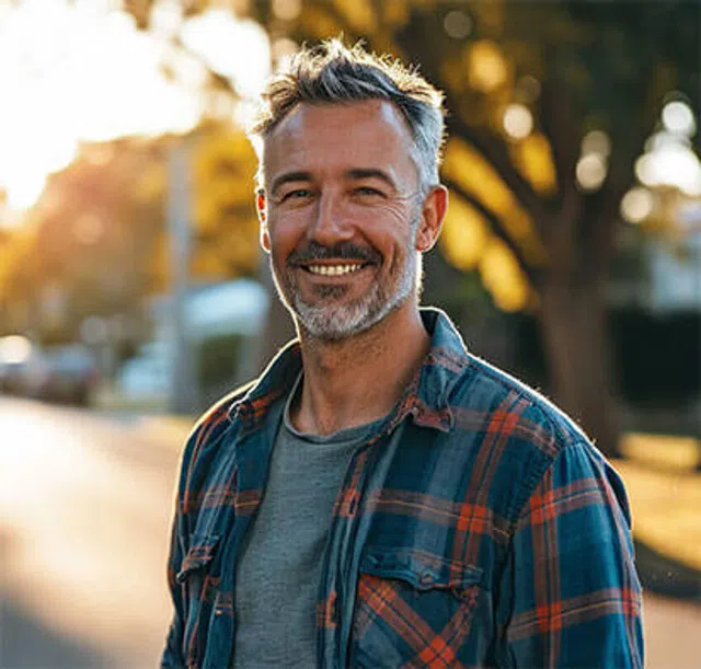 Smiling middle-aged man with gray hair and beard wearing a plaid shirt outdoors in warm sunlight.