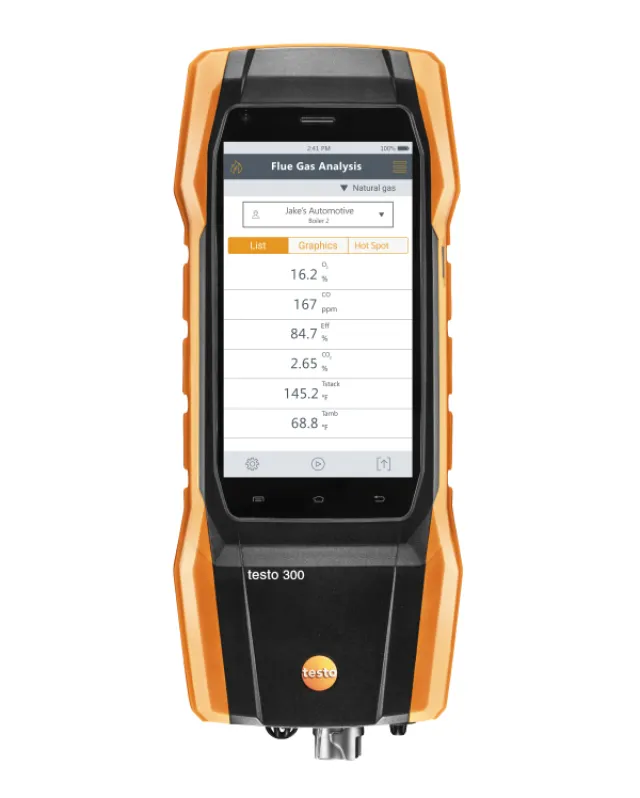 Testo 300 portable flue gas analyzer with digital display showing gas analysis data and readings.