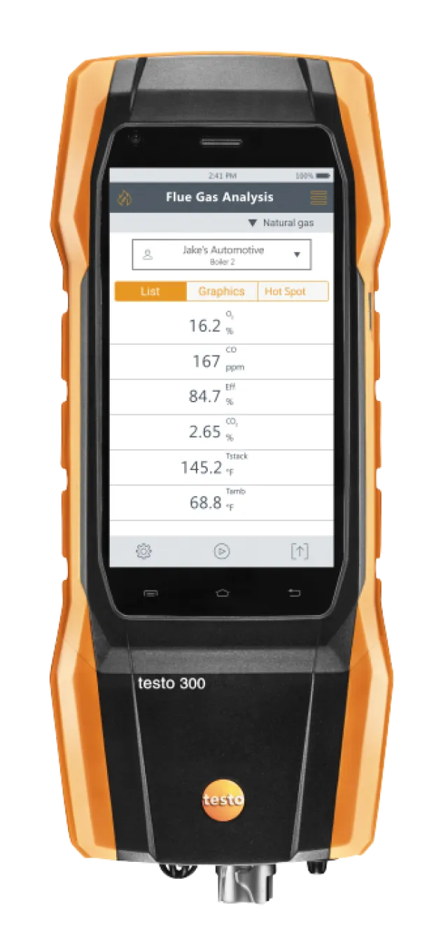 Testo 300 flue gas analyzer device displaying measurements for natural gas at Jake's Automotive.