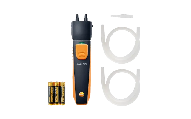 Testo 510i digital leak detector with batteries and flexible hoses for precise air leak detection