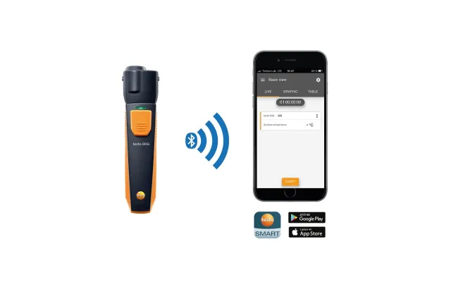 Testo 805i digital thermometer connects via Bluetooth to a smartphone app for temperature measurement.