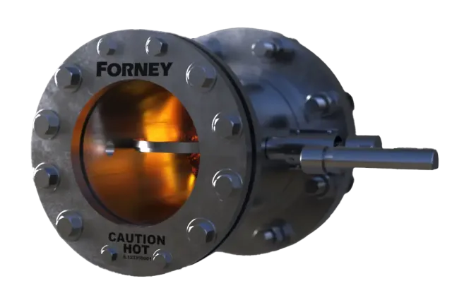 Metallic industrial valve with visible flame inside and caution hot warning on the Forney brand flange.