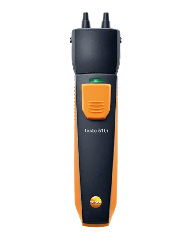 Testo 510i clamp thermometer with black and orange body, green indicator light, and dual probe connectors.