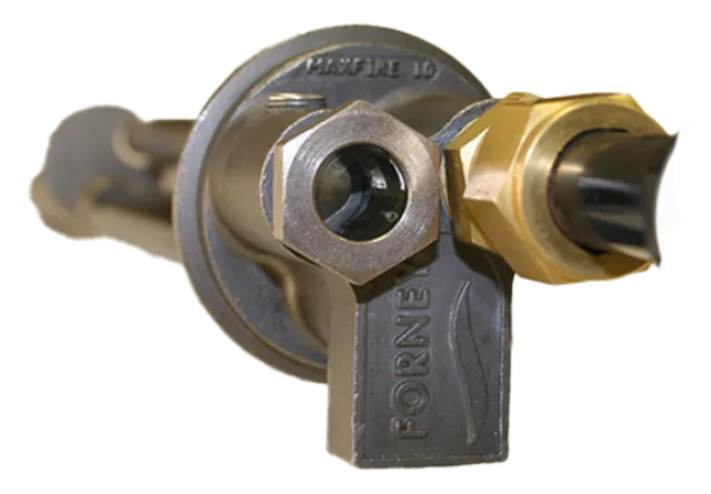 Close-up of a metal gas burner valve with FORNEY label and brass fitting on white background.