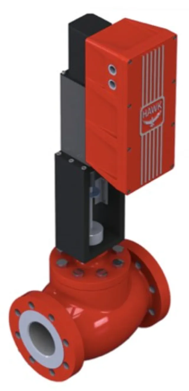Red industrial control valve with flange connection and black actuator mounted on top for flow regulation.