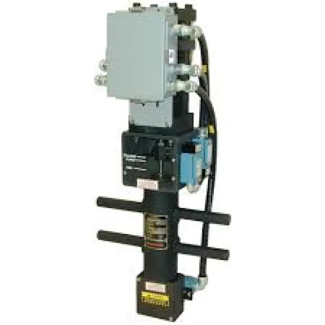 Industrial pneumatic valve actuator with control box and electrical wiring mounted on black metal frame.
