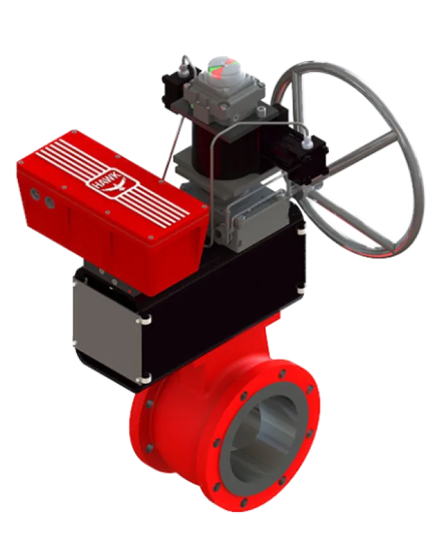 Industrial red electric actuator valve with manual handwheel and control box for fluid flow regulation