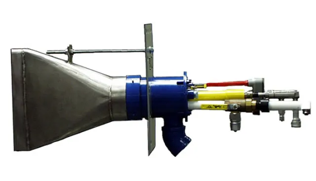 Industrial gas burner with metallic nozzle, blue housing, and multiple colored tubes on white background.