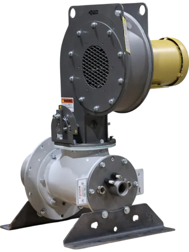 Industrial blower or centrifugal fan with metal housing and yellow motor mounted on metal base.
