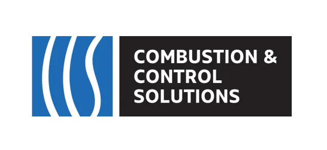 Combustion & Control Solutions logo with stylized blue flame icon and bold white text on black background