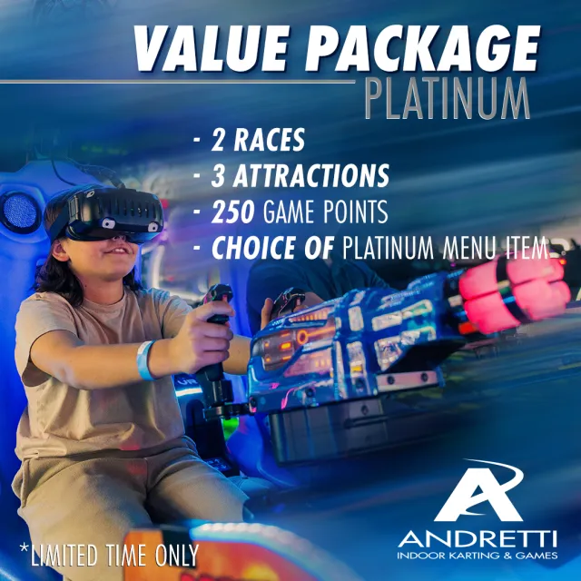 Child wearing VR headset playing arcade game with Value Package Platinum offer text and Andretti logo.