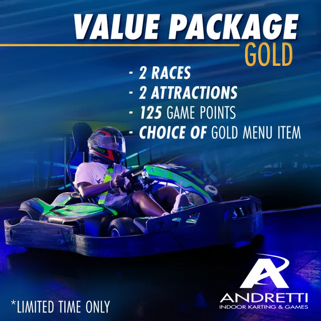 Go-kart racer in helmet rides a green kart with Value Package Gold offer details at Andretti Indoor Karting.