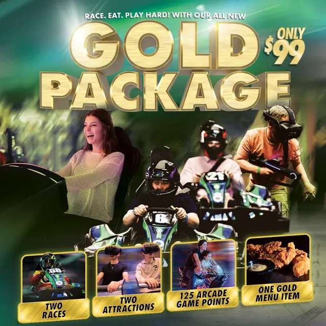 Excited people enjoy racing, VR gaming, and a gold package offer including races, attractions, arcade points, and food.