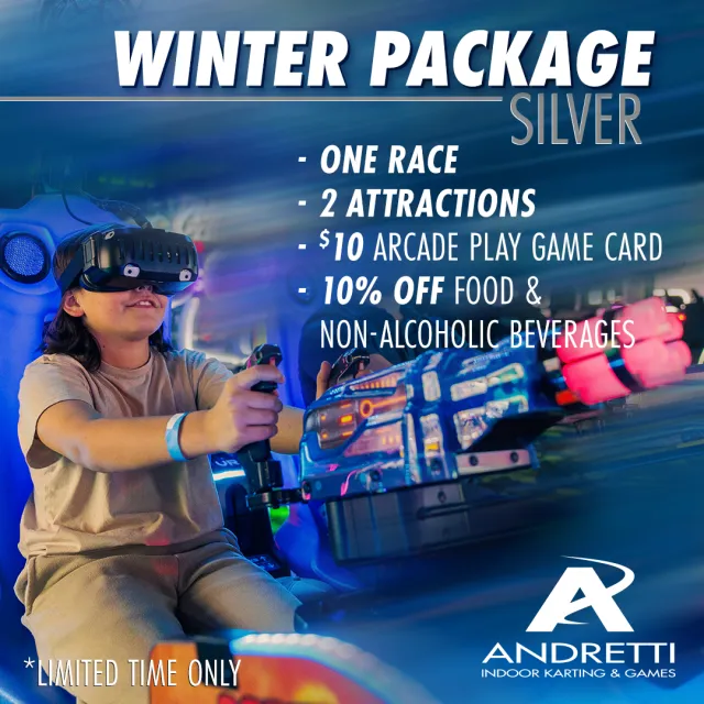 Child wearing VR headset playing arcade game promoting Andretti Winter Package with race and attractions offer.
