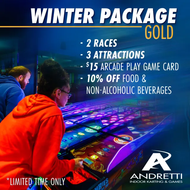 Two people playing arcade game with Winter Package Gold offer details for indoor karting and games.
