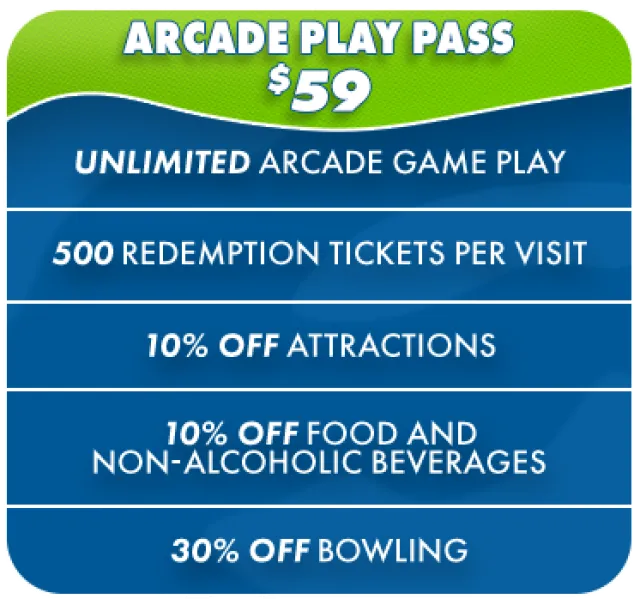 Arcade play pass for $59 offers unlimited games, 500 tickets, discounts on attractions, food, beverages, and bowling.