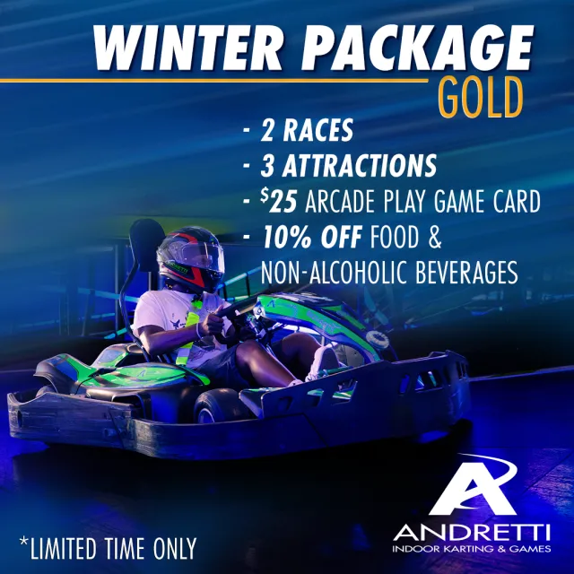 Person driving a green go-kart indoors under blue light promoting Andretti Winter Package with races, attractions, and discounts.