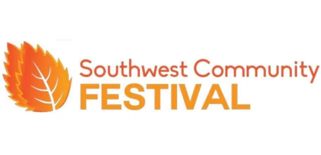Southwest Community Festival logo with stylized orange autumn leaves and bold text on white background