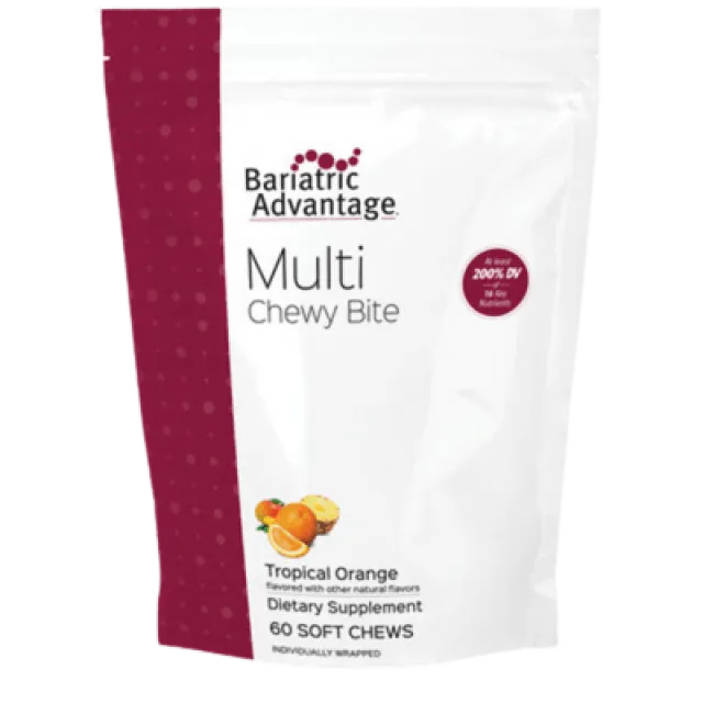 Bariatric Advantage Multi Chewy Bite dietary supplement with tropical orange flavor and 60 soft chews.